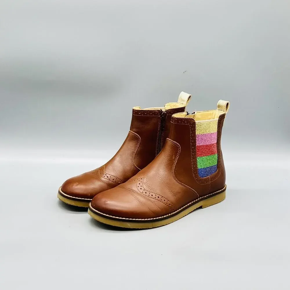 Mini Boden Boots Girls 1.5 Brown Leather Chelsea Ankle Glitter Stripe Zip Brogue